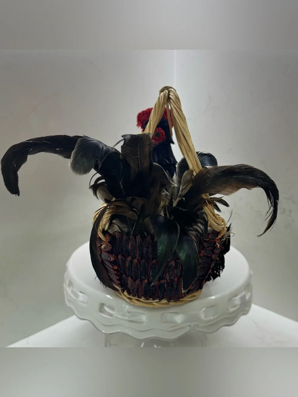 Vintage Handcrafted Rooster Wicker Basket Centerpiece Feather Country Farmhouse